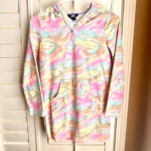 Lands’ End Girls Hoodie Dress L 10–12 Pastel Tie Dye Terry Kangaroo Pocket